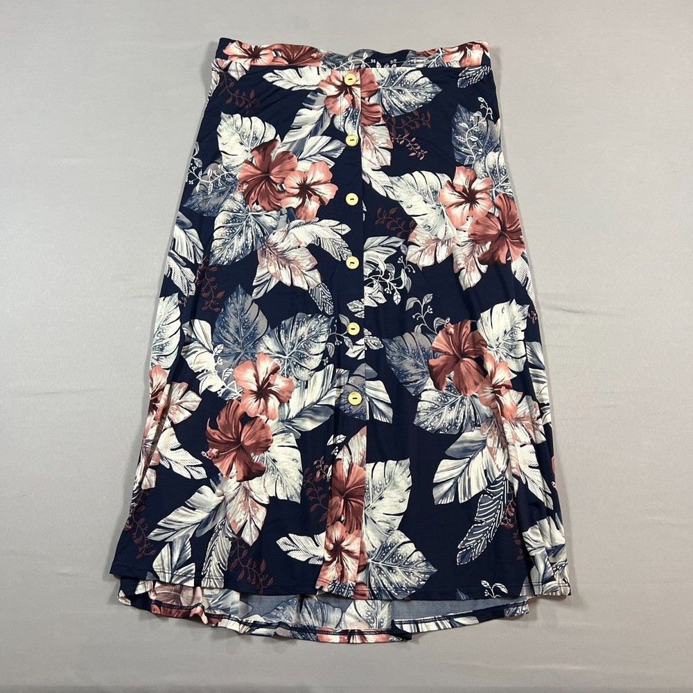 Lavish A Line Midi Skirt Womens XL Navy Blue Tropical Leaf Stretch Button Front